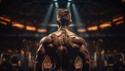 Fototapeta na wymiar Muscular Man's Back View Standing in a Gym. Generative ai