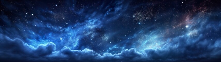 Obraz na płótnie Canvas Panorama dark blue night sky, milky way and stars on dark background, Universe filled with stars, nebula and galaxy, AI Generative