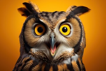 Happy surprised owl with open beak.