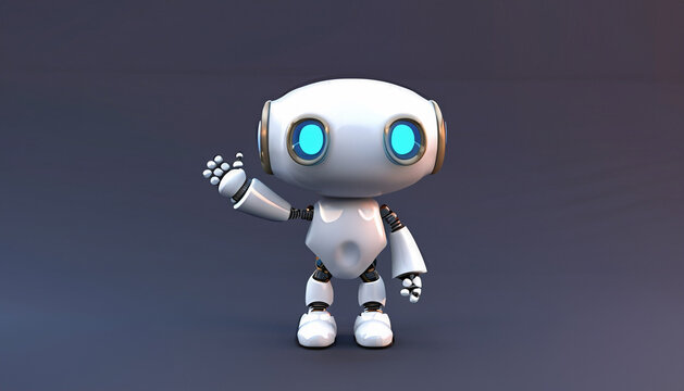 Happy cute robot isolated. Friendly robot waving with a smile, 3D rendering illustration