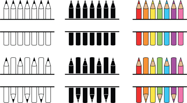 School Colored Pencil Label Clipart Set - Outline, Silhouette and Color