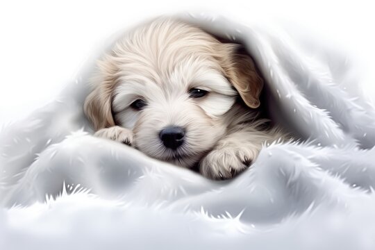 A white dog is laying under a blanket. Digital image.