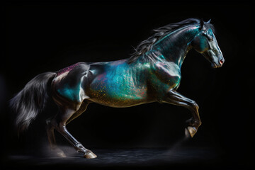 Obraz na płótnie Canvas An iridescent black horse on a black background Generative Ai
