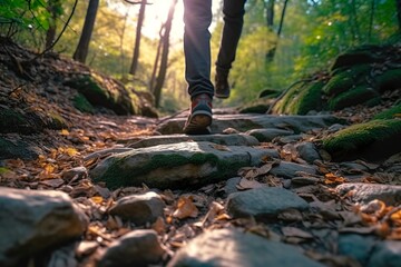 Close up a person's feet walking on rocks, Walking on a trail in the woods, Travel Concept. AI Generative - obrazy, fototapety, plakaty