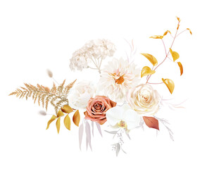 Boho beige and orange trendy vector design bouquet. Pastel dahlia, ivory rose, dried hydrangea, dusty pink rose