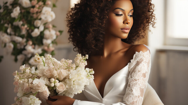Beautiful afro american young bride in wedding dress close up