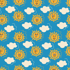 Flat cartoon sunny emoticon with white cloud seamless pattern. Vector childish funny elements on blue background. Perfect for home decoration, kids textile, wrapping, scrapbooking, background