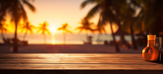 Empty wooden table in front of blurred tropical beach on sunset evening. Wooden background in beach. AI Generative