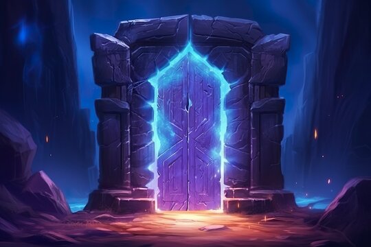 Fantasy night landscape with magical power, ancient stones with magical power and light, runes. Passage to another world, magic door, light, neon. AI Generative