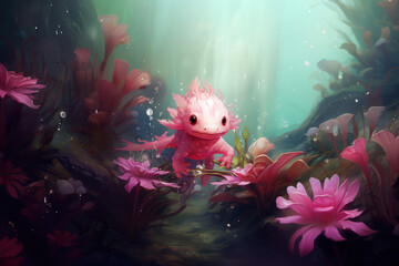 Cute pink lizard in the middle of a colorful underwater scene surrounded by flowers and green plants
