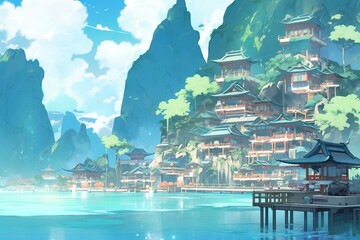 Whimsical Cartoons of Green Mountains in the Sky, Traditional Oceanic Art, Translucent Water, and Majestic Ports. 
