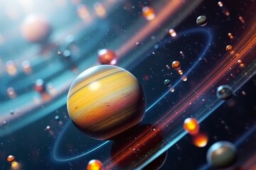 Our 3d Solar system with planets in orbits path.  - obrazy, fototapety, plakaty