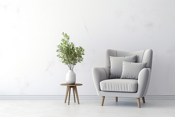 Gray armchair in Scandinavian living room, with white wall background.