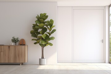 3D mock up of modern apartment interior with open folding kitchen door, morning sunlight on blank wall, fiddle leaf fig tree in pot. Background, Home, Products overlay.