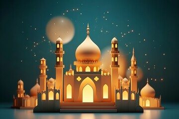 Illustration of eid Mubarak night with light of a lamp, paper style, luxury happy Eid background.