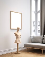Mockup frame in contemporary Scandinavian living room interior, 3d render. 