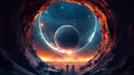 Foto op Canvas Portal to another world. Futuristic cosmic landscape with circle tunnel in starry sky. Gate in space futuristic background with galaxy and nebula.  © MSTSANTA