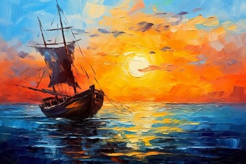 Oil Painting of a Fisherman Boat at Sunset on Sea. Sea Landscape concept.