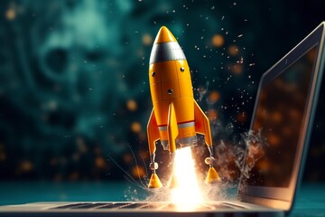 Launching a new product or service. Technology development process. Space rocket launch. 3d render. Yellow rocket lift up from the display laptop.  - obrazy, fototapety, plakaty