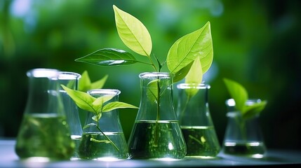 Biotechnology concept with green plant leaves, laboratory glassware, and conducting research, illustrating the powerful combination of nature and science in medical advancements. 