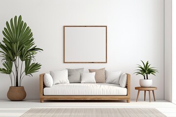 Empty picture frames on a white wall in a modern living room with a boho and Scandi style interior, including a sofa, cushions, and a potted palm plant, visible through an open white door.