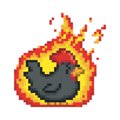 Angry chicken burning in red fire, pixel art meme