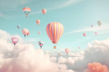 Colorful air balloons among the clouds in the blue sky. Dreamlike landscape in pastel colors