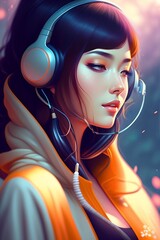 Renderização em 3D de uma linda garota asiática com fones de ouvido, ouvindo música. - obrazy, fototapety, plakaty