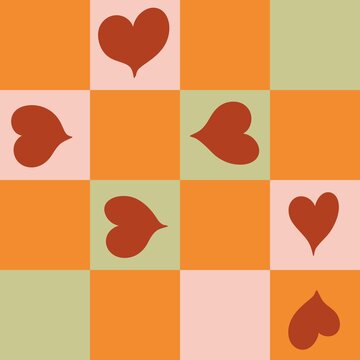 Hand drawn seamless checks checkered checkerboard pattern with red hearts st valentine day print. Orange green pink colorful abstract geometric chessboard squares design for blanker textile wrapping