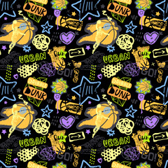 Seamless cool pattern with basketballs, text and doodles on a black background. Bright print design for fabric, posters.