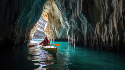 Woman with kayak explores the Marble Caves. Generative AI