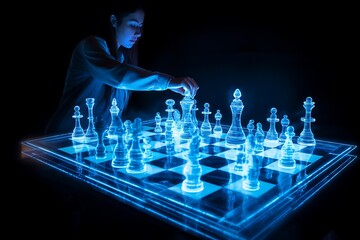 Young woman playing holographic chess generative AI