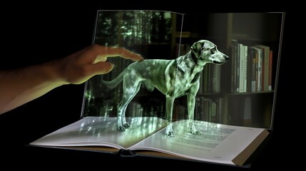 Futuristic holographic book petting a dog generative AI