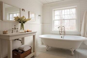 Fototapeta na wymiar Farmhouse style a cozy white bathroom.