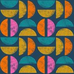 Hand drawn seamless pattern in semi circles mid century modern abstract geometric style. Retro vintage minimalist 60s 70s sixtiesblue pink orange yellow print in bold background, decorate repeat.
