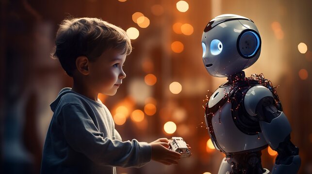 Child Sharing Toy With Cute Robot Generative AI