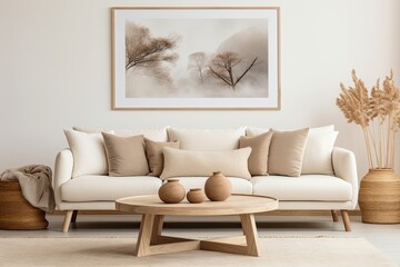 Cozy living room decor with a mock up poster frame, beige sofa, oval coffee table, dried flower vase, round pillow, vintage carpet, and personal accessories.