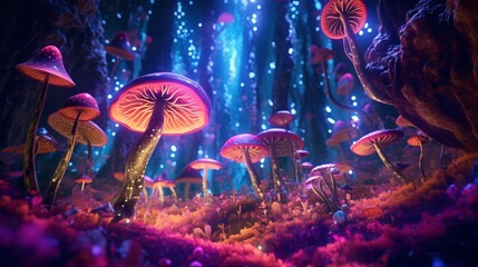 Naklejka premium a psychedelic forest filled with magical glowing mushr.Generative AI