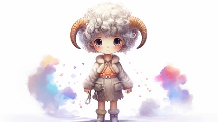 a small cartoon baby aries with grey and white eyes in.Generative AI