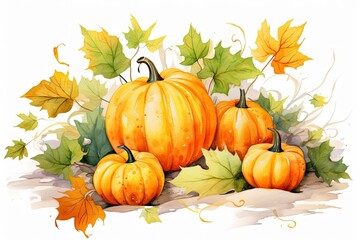 Pumpkins and leaves painted on a white background