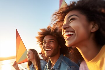 Happy multi-ethnic girl woman celebration diverse friends group party happiness people smiling laughing friendship joy enjoyment river sea family relaxation diversity communication outdoors excitement
