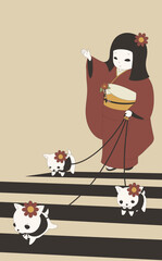 ペットの犬と横断歩道を渡る着物の女の子