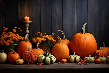 A festive fall table with a display of pumpkins and a glowing candle