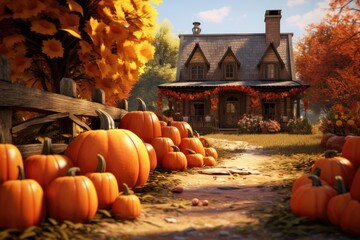 Pumpkins in front of a house