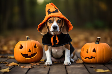 A Beagle dog wearing a Halloween costume  - Powered by Adobe