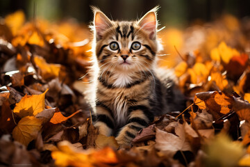 A kitten playing in a pile of leaves  - obrazy, fototapety, plakaty