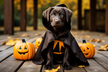 A Labrador dog wearing a Halloween costume 