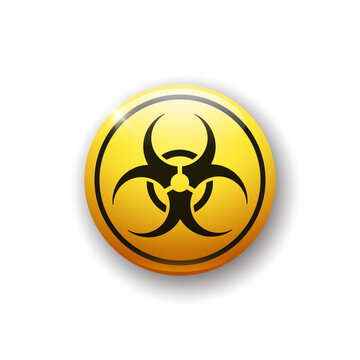 Realistic glossy button with biohazard icon. 3d vector element of yellow color with shadow underneath. Best for mobile apps, UI and web design.