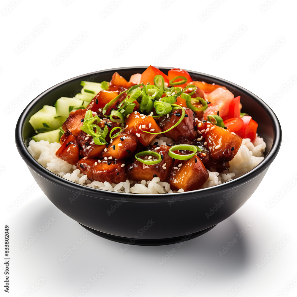 Poster Hawaiian poke bowl with octopus isolated on white background side view 