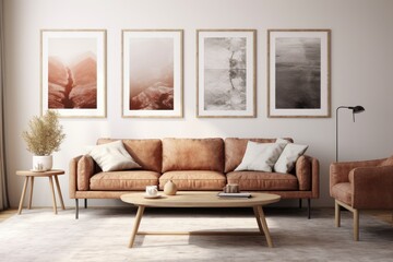 Create a a modern interior living room with a Scandinavian style frame for a poster.